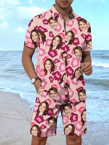 Customized Hawaiian Vacation Shirt And Shorts Set For Men, Personalized With Portrait, For Boyfriend, Friend, Kids' Anniversary, Birthday, Holiday - Multicolor - View 3