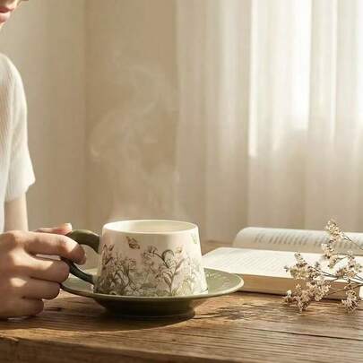 1 Set (1 Cup + 1 Saucer) Lily Rose Ceramic Cup & Saucer, Coffee Cup & Saucer, 290ml, Latte Art Cup, Coffee Cup, Afternoon Tea Cup, Latte Cup, Dessert Plate, Suitable For Home, Cafe, Restaurant, Kitchen, Dessert Shop, Ramadan, Also Can Be Given As Gifts To Family And Friends