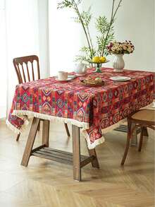 1pc Bohemian Style Red Geometric Jacquard Tablecloth With Natural Tassel, Rectangular Tablecloth For Dining Table, Coffee Table, TV Stand, Entryway, Suitable For Holiday Gatherings, Birthday Parties, Weddings, Dining Room, Living Room, Office, All Seasons - Red - View 3