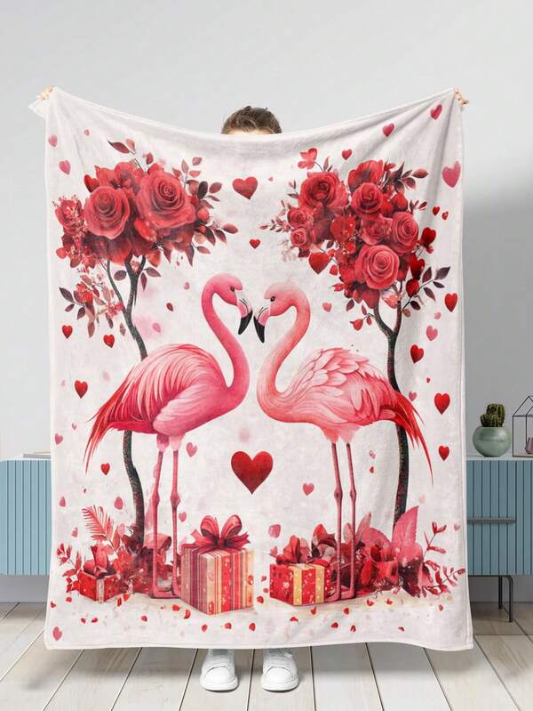 Flamingos Bird Blanket , Valentine's Day Roses Gift Tree Warm Soft Cozy Flannel Throw Blankets For Bedroom Camping Travel, Heart Couch Sofa Decor