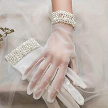 Elegant Transparent Short Gloves, Wedding Bride Gloves, Suitable Ladies' Tea Party Evening Accessories With Faux Pearl Decoration White Gloves - trắng - Xem 6