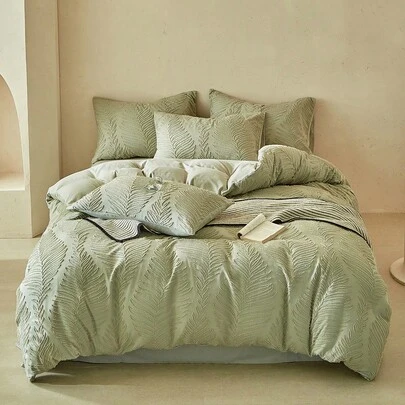 2/3pcs Green Leaf Pattern Quilted Duvet Cover Set, Bohemian Farmhouse Style, Soft Breathable Vintage Unique Duvet Cover With Zipper Closure (1 Duvet Cover + 1/2 Pillow Sham, Without Filling)