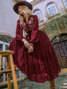 Rusttydustty 波西米亚风黑色雪纺波点刺绣V领系带优雅女士长裙，适合海滩度假、音乐节等春季穿着 - 酒紅色 - 查看 4