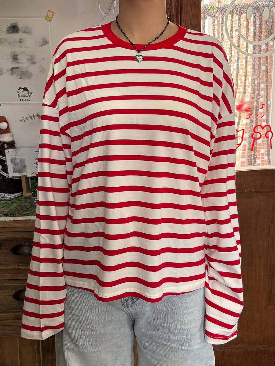 Womens Loose Tunic Tops Long Sleeve Round Neck Stripes Print T-Shirts Spring Fall Blouses - Burgundy - View 1