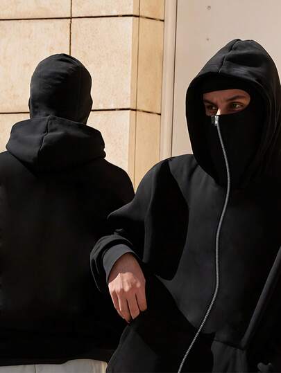 Black Double-Hooded Zip-Up Hoodie, Zipper Design, Streetwear Style, Versatile Casual, Cool & Comfortable, Suitable For Men's Autumn/Winter Clothing, Outerwear, Party, Outdoor, Fashion Zip-Up Sweatshirt