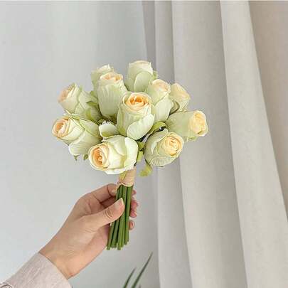 Ramo de flores artificiales de 12 piezas, rosas falsas con tallo para decoración de centro de mesa de boda y hogar.