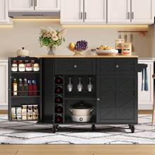 Îlot mobile de cuisine blanc multifonction – Avec plan de travail rabattable pour gain de place, 5 roues avec système de freinage, et rangements intégrés pratiques (porte, niches pour bouteilles et verres) – Dimensions : 120 x 45(70) x 89 cm - Noir + MDF + Européen - Voir 11