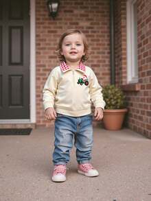Sudadera navideña para niño pequeño con bordado de hombre de jengibre, manga larga, solapa, cremallera frontal, suéter holgado - Caqui - Ver 5