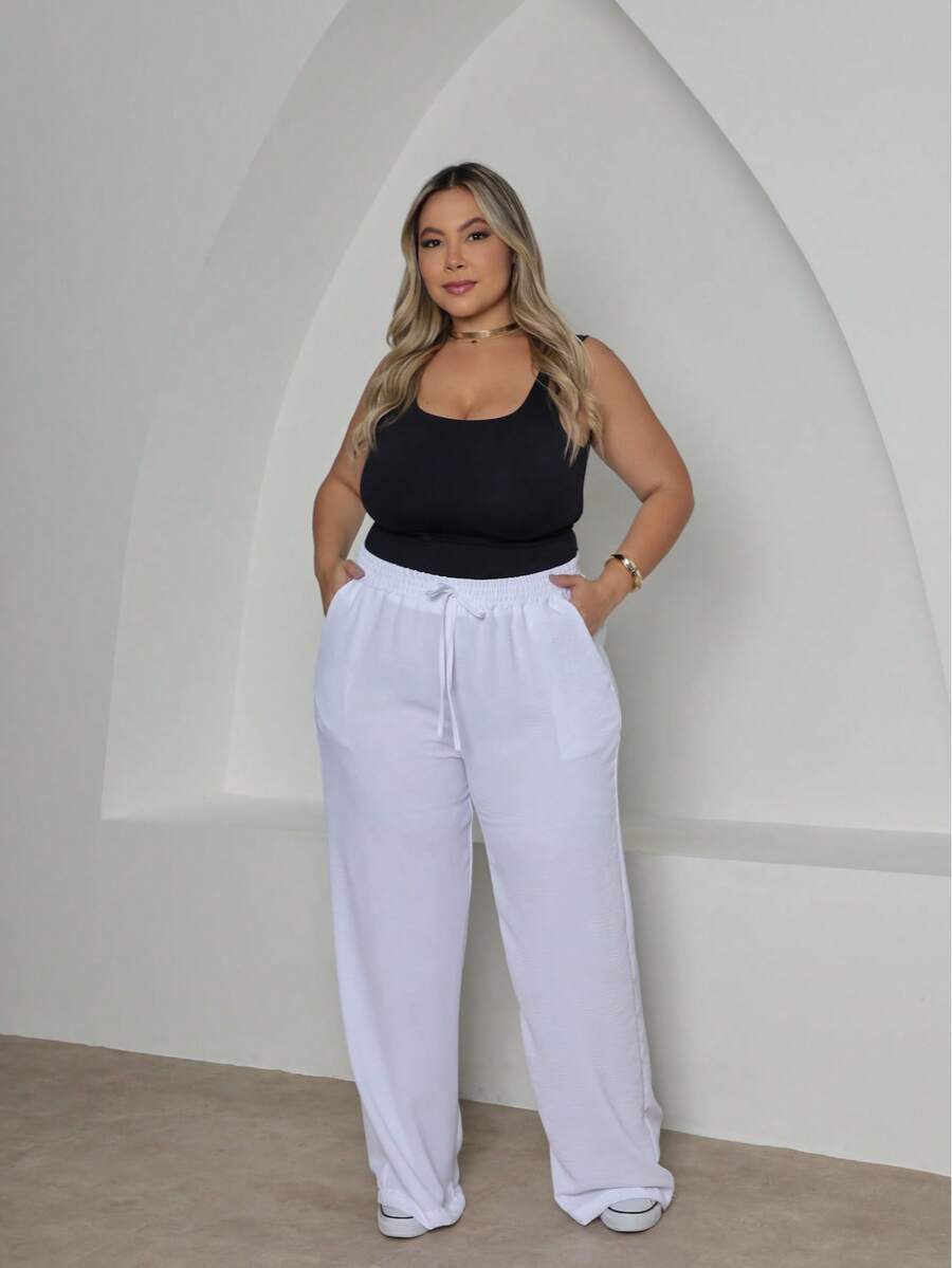 Plus Size Wide-Leg Pants With High Waist And Elastic Waistband, Duna Fabric. - 白色 - 查看 1