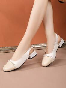New Elegant Low Heel Closed Toe Sandals For Women, Square Toe Real Leather Color Block Bow Decor Strap Chunky Heel Shoes - Beige - View 2