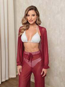 Printed Tulle Beach Cover-Up Set, Shirt And Pants. - Burgundy - View 2
