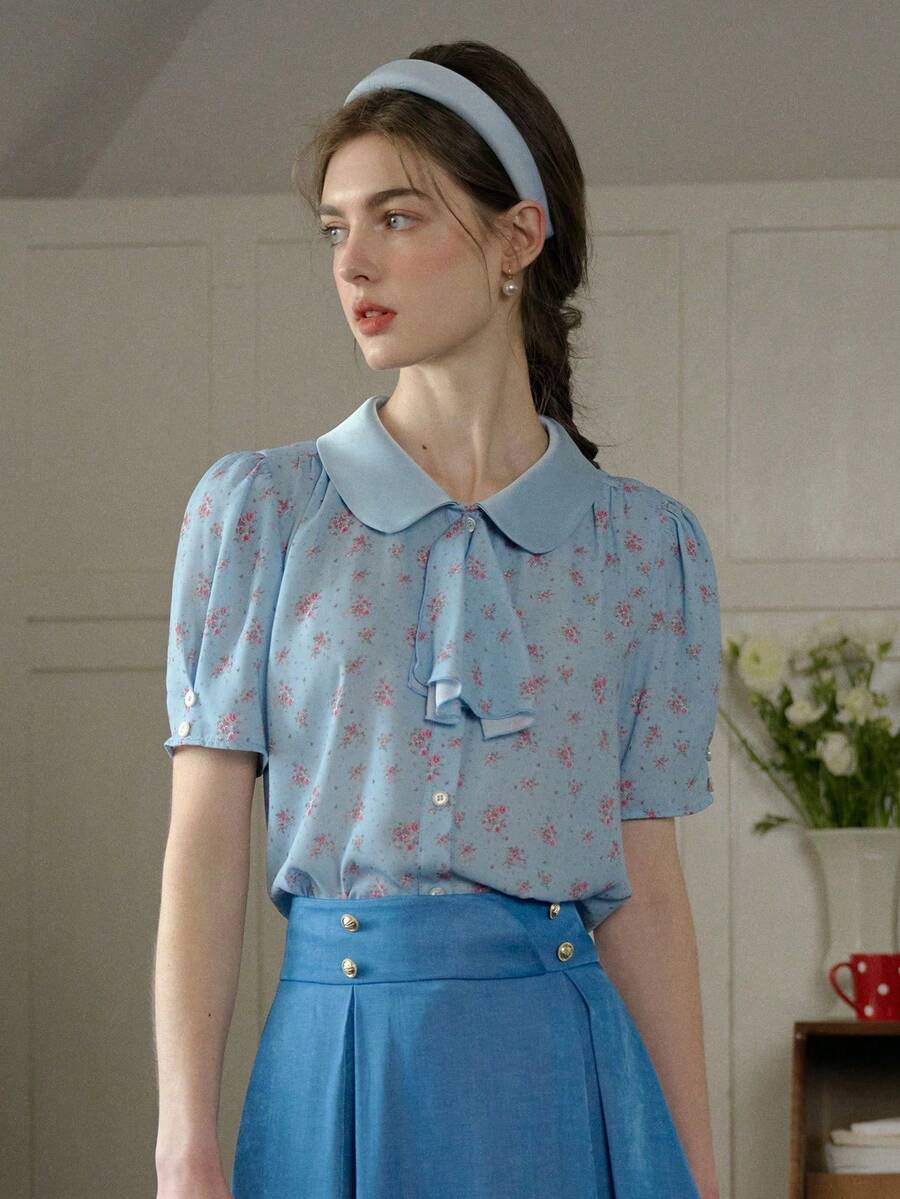 Simple Retro 女士精致碎花彼得潘领衬衫 - 休闲短袖纽扣蝴蝶结复古衬衫 - 查看 1