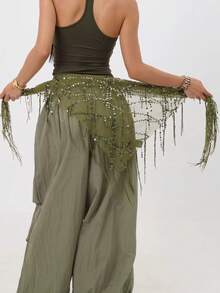 Conjunto de bufanda de cadera y cadena de cintura con lentejuelas para danza del vientre: Bufanda de cadera con flecos de color verde del ejército con cadena de cintura decorada con monedas doradas; accesorio para actuaciones de danza (disponible en varios colores) - Multicolor - Ver 5