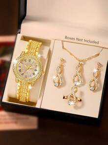 母亲节女士腕表，优雅时尚，圆形表盘镶嵌水钻，女士石英表，搭配同款项链、耳环和戒指首饰套装，适合日常佩戴、生日礼物、返校礼物、感恩节礼物、情侣礼物，理想之选（不含表盒） - 金色 - 查看 9