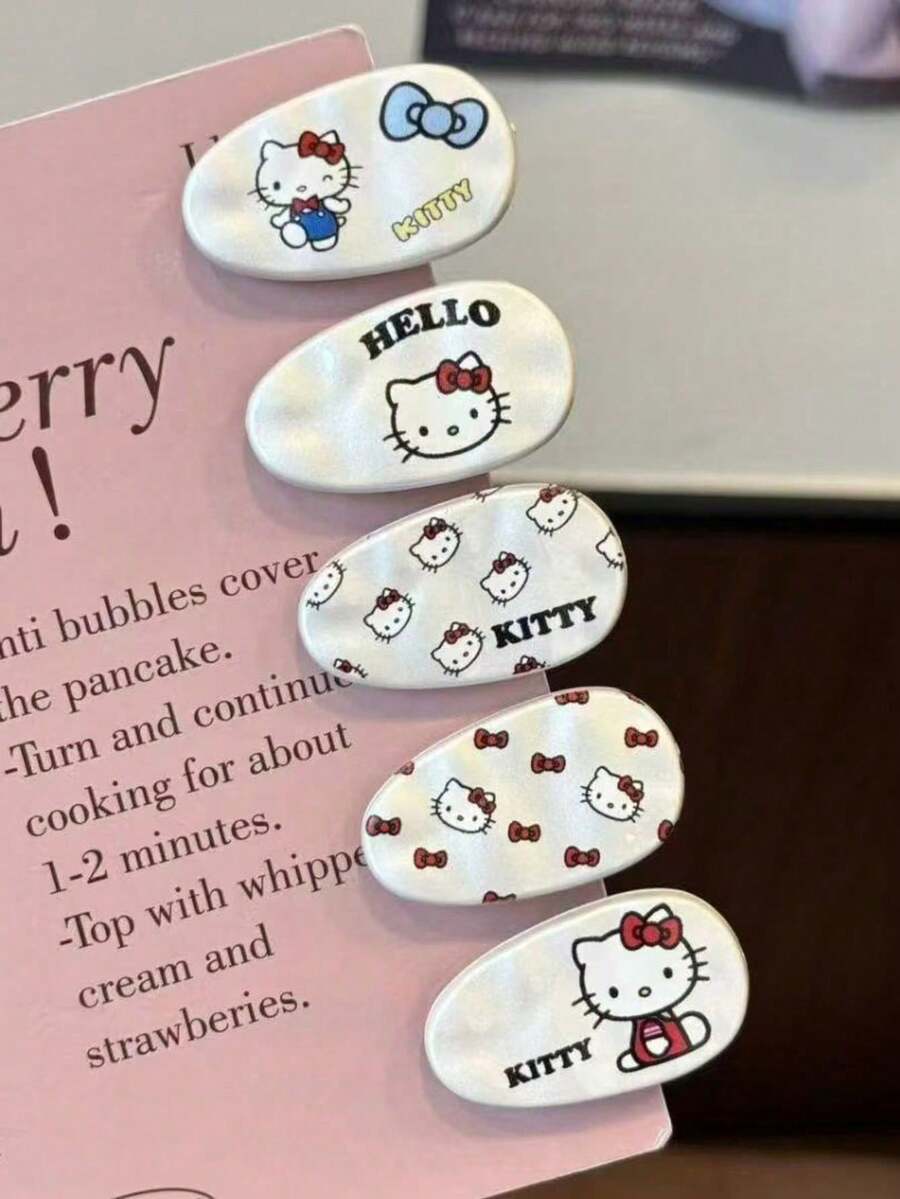 [ترخيص سانريو] 5 قطع مشبك شعر بتصميم قطرة المطر مع تصميم هالو كيتي الأبيض الحليبي، جميل وحلو، بطراز كرتوني، مشبك شعر بيضاوي متعدد الاستخدامات، إكسسوار شعر