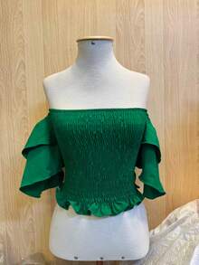 Women's Cropped Top With Lastex Detail,  Style, Long Sleeve, Women's Cropped Blouse, Various Colors, Strapless - 綠色 - 查看 1