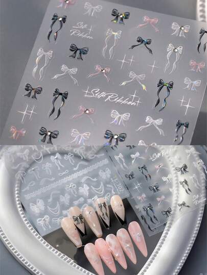 1pc White/Black/Pink Bow Pattern 5D Nail Stickers With Rhinestone, Pearl, Self-Adhesive Lace Ribbon Bow Nail Art Decals