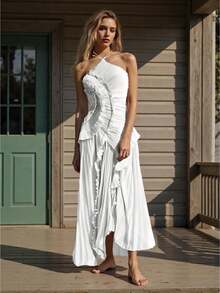Women Ruffle Halter Maxi Dress Tiered Ruffle Pleated Long Dress Sleeveless Asymmetrical  Hem Flowy Dresses For Elegant Cocktail Party Dress - 象牙白 - 查看 9