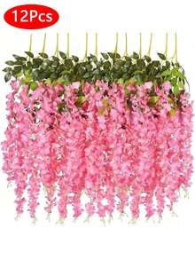Bộ 6/12/24 bông hoa tử đằng, dây hoa nhân tạo dài 3,75ft, vòng hoa tử đằng giả bằng lụa, dùng trang trí đám cưới, sân vườn, tường. - Hồng - Xem 9