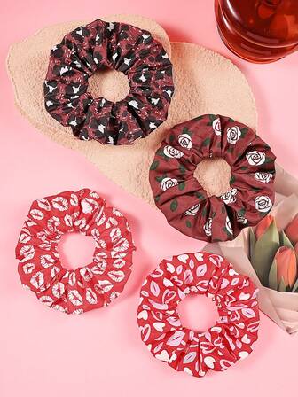4pcs Valentine's Day Multicolor Lip, Heart, Rose Satin Print Hair Scrunchies For Women