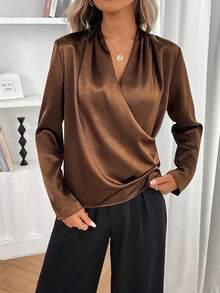 1pc Women's Solid Color Satin Crossover Elegant & Fashionable Commuter Long Sleeve Blouse, Suitable For Daily, Office, Holiday, Date, Spring/Autumn/Winter - Coffee Brown - View 7