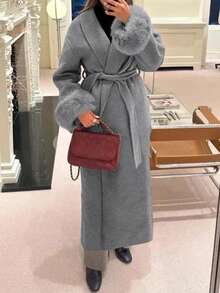 女士新款优雅系带仿毛皮袖外套，高端系带长款大衣，修身显瘦，和服式设计，秋冬款 - 灰色 - 查看 5