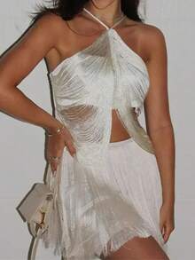 Women Y2K Backless Tie Up Bandage Crop Tops Tassel Halter Camisole Summer Sleeveless Close-Fitting Cut Vest Night Out Clothes - 白色 - 查看 2