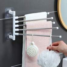 1pc No Drill Stainless Steel Towel Rack, Bathroom Organizer Foldable Rotating Hanging Shelf - White - View 4