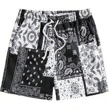 Men's Boho Paisley Print Drawstring Waist Summer Shorts With Pocket - Black Multi Paisley - View 1