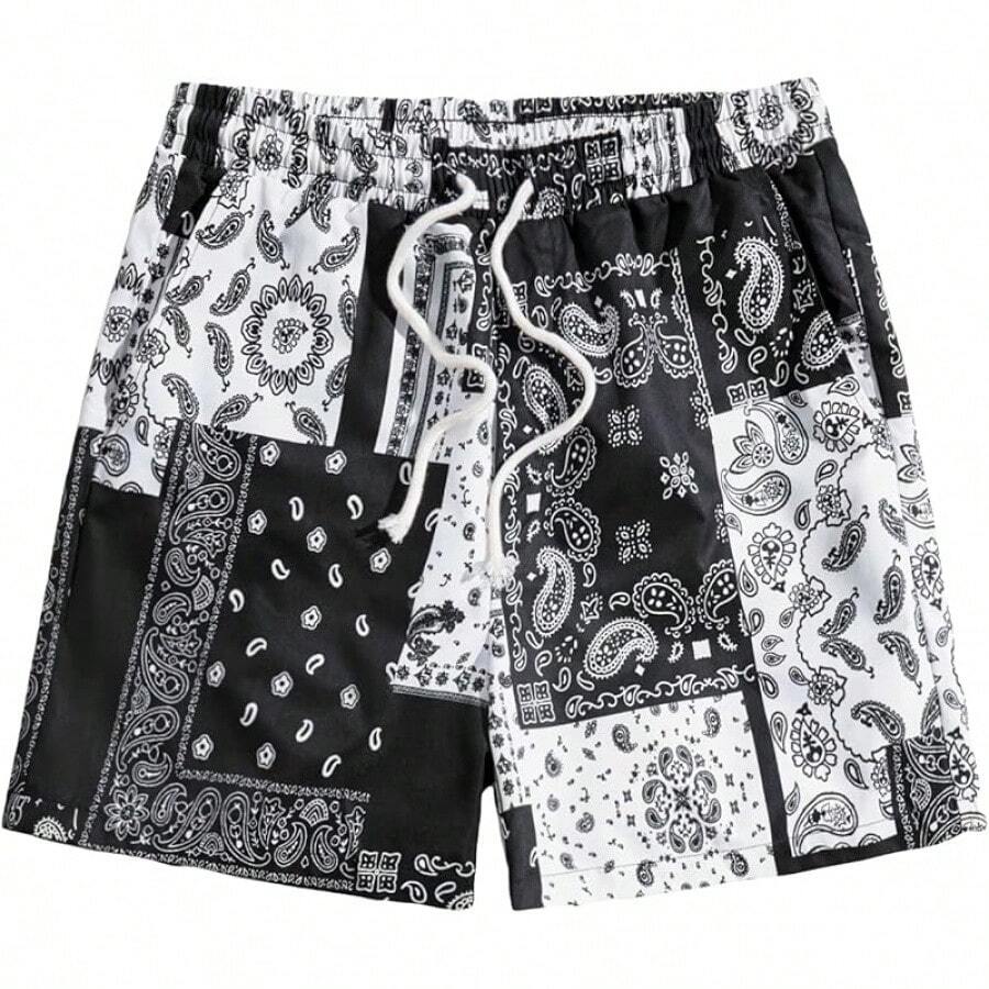 Men's Boho Paisley Print Drawstring Waist Summer Shorts With Pocket - Black Multi Paisley - View 1
