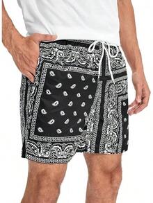 Men's Boho Paisley Print Drawstring Waist Summer Shorts With Pocket - Black & White Paisley - View 3