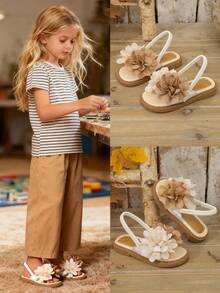 女童珍珠花朵凉鞋，尺码 26-36 | 可调节踝带波西米亚风凉鞋，饰有大花朵 | 夏季休闲鞋，适合户外玩耍、海滩和盛装打扮 - 米色 - 查看 1