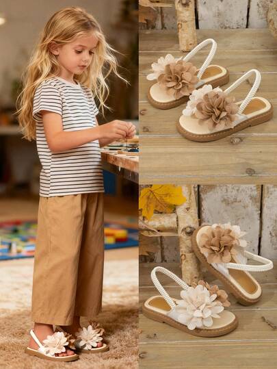 女童珍珠花朵凉鞋，尺码 26-36 | 可调节踝带波西米亚风凉鞋，饰有大花朵 | 夏季休闲鞋，适合户外玩耍、海滩和盛装打扮
