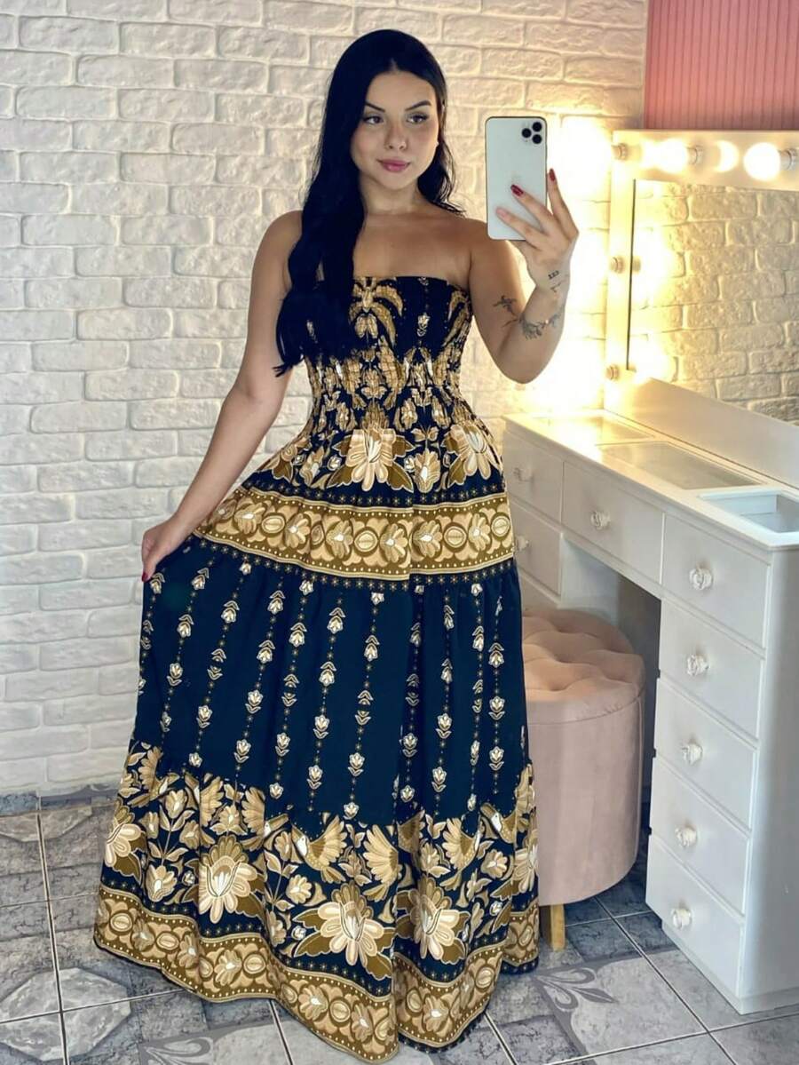 Long Strapless Dress With Print And Elasticated Crepe Fabric For Summer Or Beach. Wrinkle-Free Fabric. - đen với vàng - Xem 1
