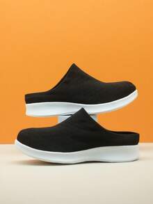 Kids' Casual Lightweight Breathable Black & White Slip-On Sneakers, Elastic Knit Sock Shoes For Dancing & Leisure - Black and White - View 5