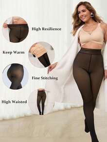 女士保暖打底裤，性感半透明天鹅绒内衬紧身连裤袜，加厚保暖内衬长筒袜，冬季街头风长裤 - 彩色 - 查看 3