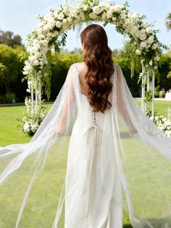 1 Pair Long Faux Pearl Bridal Shawl, Suitable For Women'S Weddings, Parties, Travel Photography, And As A Women'S Fashion Accessory.