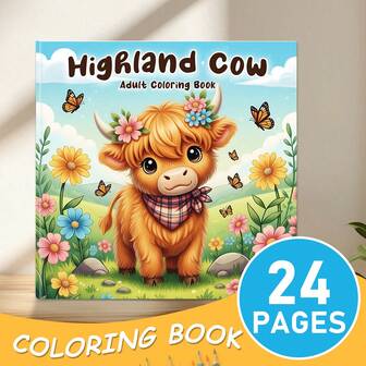 GDTME 1pc Highland Cow Coloring Book, Cute Minimalist Bold Design, 24 Pages, Single-Sided Thick Paper Printing, Suitable For Adults And Children, Ideal Gift For Back To School Season, Ramadan, Valentine's Day, Christmas, New Year, Customized Gifts, Teens, 7.9"X7.9"