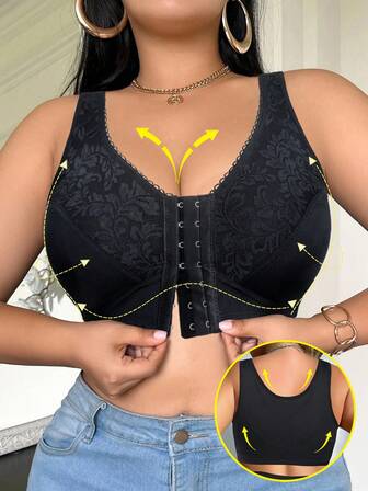 女士前开式文胸，轻薄舒适透气无钢圈加大码内衣，适合休闲居家和运动穿着，后部加固覆盖范围超过外衣