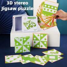 一套便携式儿童立方体六面画3D立体拼图积木桌面亲子互动几何形状逻辑拼图早教拼图手眼协调训练几何形状匹配木制玩具多功能拼图积木铁盒包装儿童早教亲子游戏木制节日礼物 - 彩色 - 查看 2