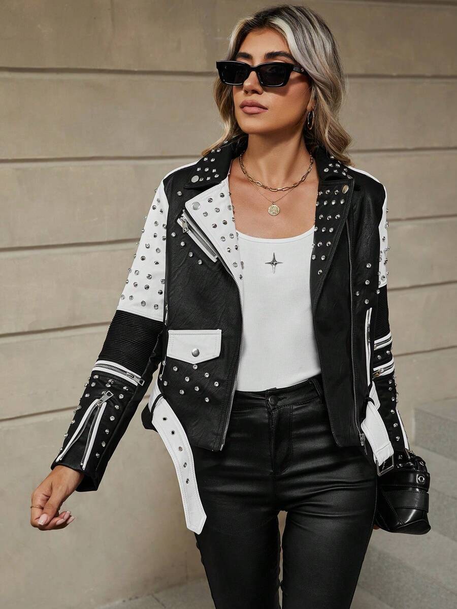 Women's Autumn/Winter Faux Leather Biker Jacket - Rhinestone Embellished, Asymmetric Zipper Design, Adds Fashionable Touch To Street Style In Cold Season - Đen và trắng - Xem 1