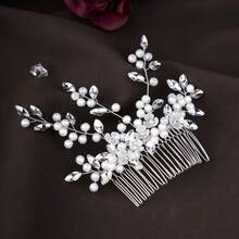 1pc Elegant Handmade Faux Pearl Leaf Bridal Hair Comb, Minimalist & Chic For Wedding, Party, Banquet - Silver - View 8