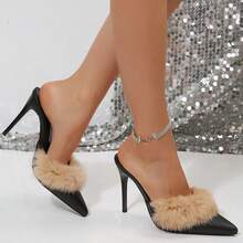 Women's Elegant Fuzzy Fur High Heels – Pointed Toe Slingback Pumps With Plush Fur Trim, Versatile For Weddings, Parties & Daily Wear - màu đen - Xem 4