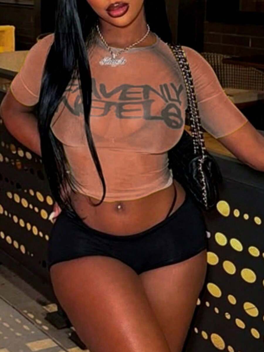 Sexy Sommer Damen Top, bedrucktes Mesh Kurzarm T-Shirt für Valentinstag, Nachtclub, sexy Party Outfit, transparentes Lässig Top - Koralle Orange - Übersicht 1