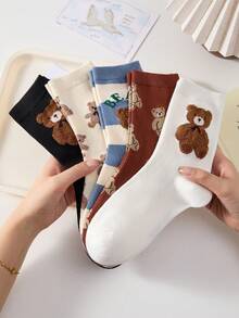 4双装女士彩色拼接短袜，双层植绒泰迪熊条纹拼接中筒袜，秋冬新款，适合居家、通勤、约会、上学、节日送礼，颜色随机 - 彩色 - 查看 14