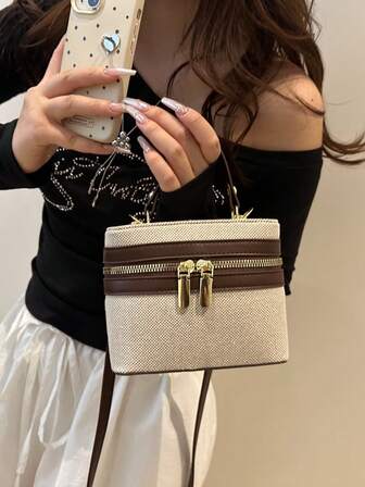 Retro Minimalist Color Block Small Box Handbag, Shoulder Bag For Women