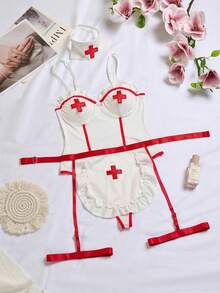 Music Festival Nurse Costume For Women - Sexy Red & White Contrast Jumpsuit, Apron, Headband Set, Role Play Lingerie - 紅白色 - 查看 6