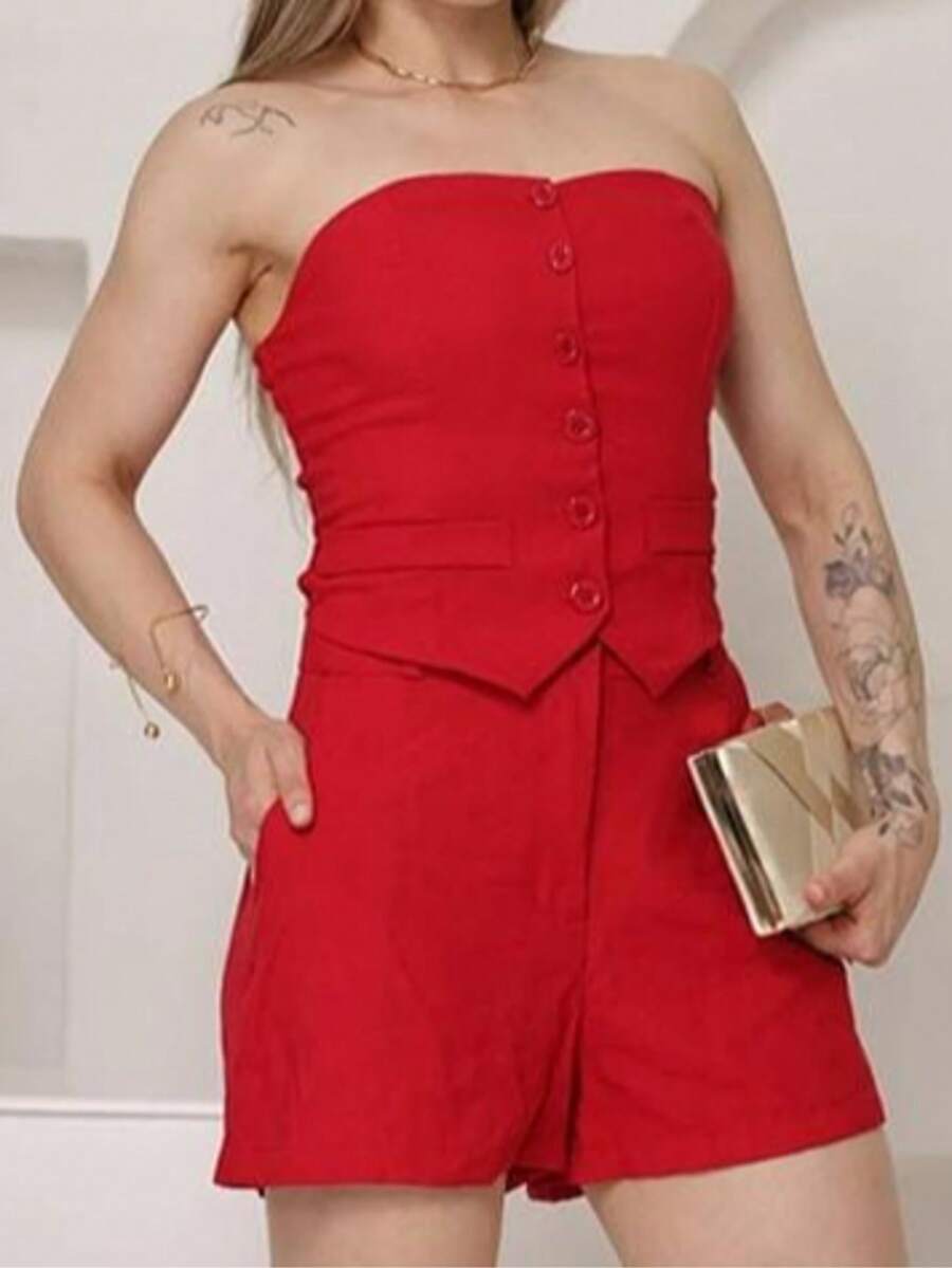 Women's Tailored Set: Dress Shorts And Strapless Top - Red - View 1
