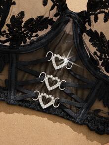 Sweet Pink Floral Embroidery Sexy Lingerie Set, Semi-Sheer Underwire Bra And V-Neck Adjustable Thong, Bold Feminine Charm With Heart Clasp Front Single-Layer Crop Top And Panties, Shapewear And Everyday Intimates - 黑色 - 查看 3