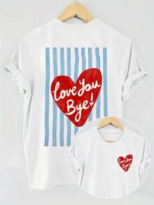 Love You Bye Print, Retro Heart Stripes Graphic, Women's Valentine's Day, Women's Summer Graphic Tee Shirt - White - View 4